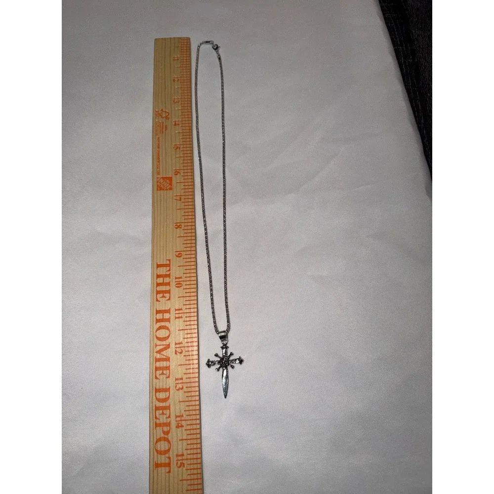 Gothic Dagger Cross Skull Pendant‎ Necklace Silver Tone Chain
